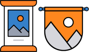 Playful icon of a roll-up banner and wall mural with mountain and sun graphics—representing custom large-format banners and murals for bold visual impact