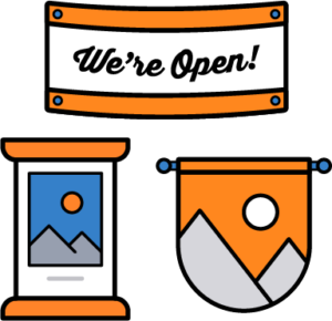 Icon set featuring a “We’re Open” banner, a retractable banner stand, and a wall mural with a mountain scene—used to represent custom banners and murals for business promotion and décor.