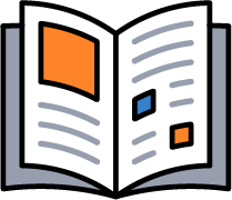 Icon of an open booklet with colorful blocks and text lines—used to represent custom booklet printing for catalogs, programs, and more.
