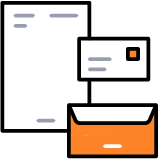 alt="Icon showing business card, envelope, and letterhead – representing small format print services"