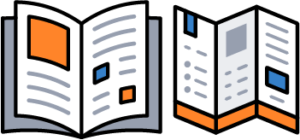 Whimsical icon of an open booklet and folded brochure with colorful accents—highlighting printed marketing essentials like brochures, catalogs, and business collateral