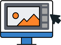 Vector icon of a computer screen displaying design software with a landscape image and cursor—representing custom graphic design and branding services