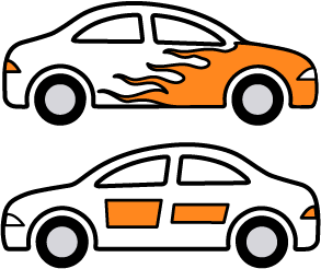 IIllustration of two cars with custom vehicle decals—one with orange racing flames and the other with orange business branding panels