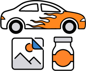 Vector icon showing a car with flames, a vinyl decal image, and a labeled jar—representing custom vinyl graphics for vehicles, prints, and packaging