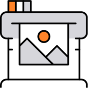 Icon of a wide-format printer producing a mountain landscape print—symbolizing fine art printing services with expert color accuracy and detail