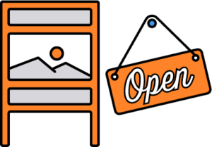 Flat-style icon of a sidewalk sign with a mountain and sun graphic, accompanied by an orange "Open" sign—representing indoor and outdoor signage services.