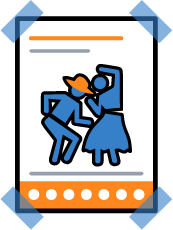 Icon of a taped-up event poster with dancing figures and bold design—used to represent custom poster printing.