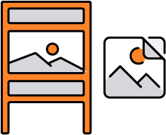 alt="Icon showing a display sign and a peelable sticker with image graphics – representing signage and sticker printing services"