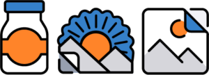 Icon trio featuring a labeled jar, a sunburst sticker being peeled, and a landscape decal—used to represent custom stickers, labels, and vinyl decals for packaging and promotion.
