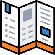 Vector icon of a colorful trifold brochure with text and image blocks—representing custom-designed marketing brochures for businesses